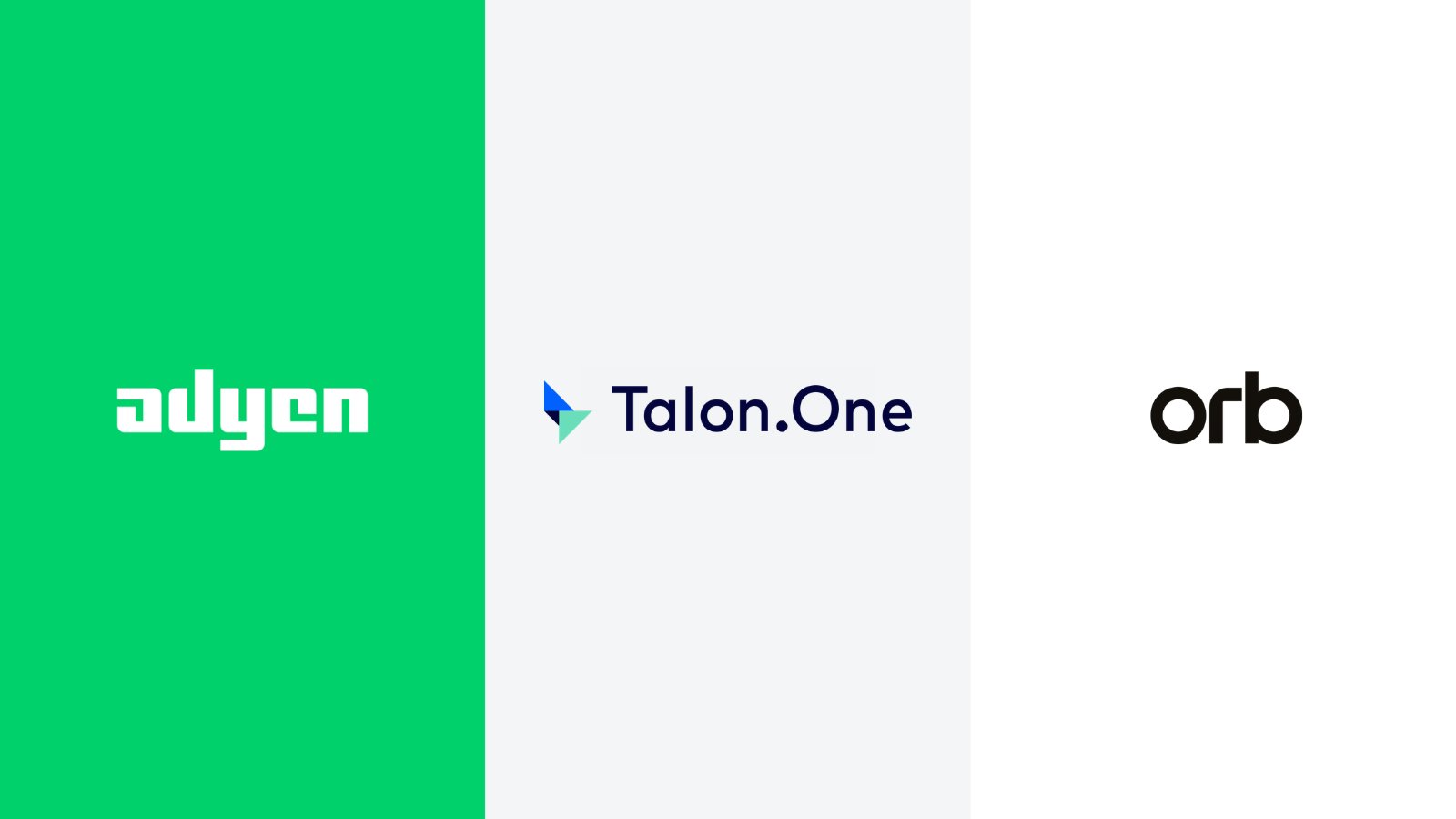 Logos of Adyen, Talon.One, and Orb on a white background representing payment solutions.