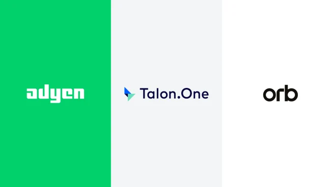 Logos of Adyen, Talon.One, and Orb on a white background representing payment solutions.