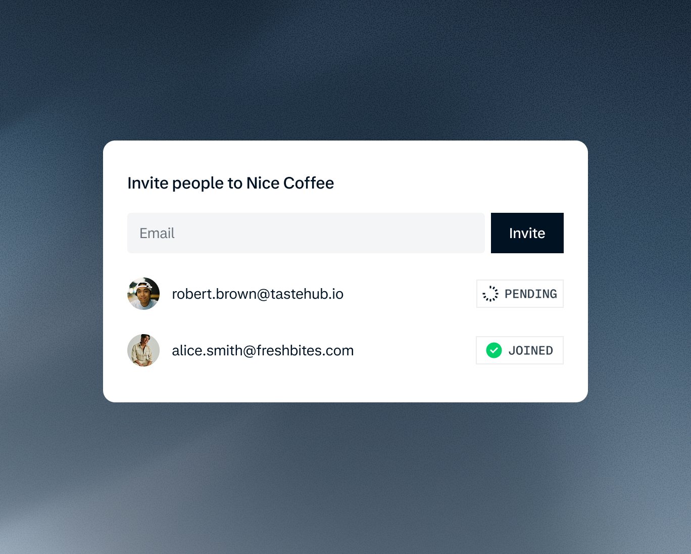 Invitation screen showing people invited to Nice Coffee, with statuses pending and joined.