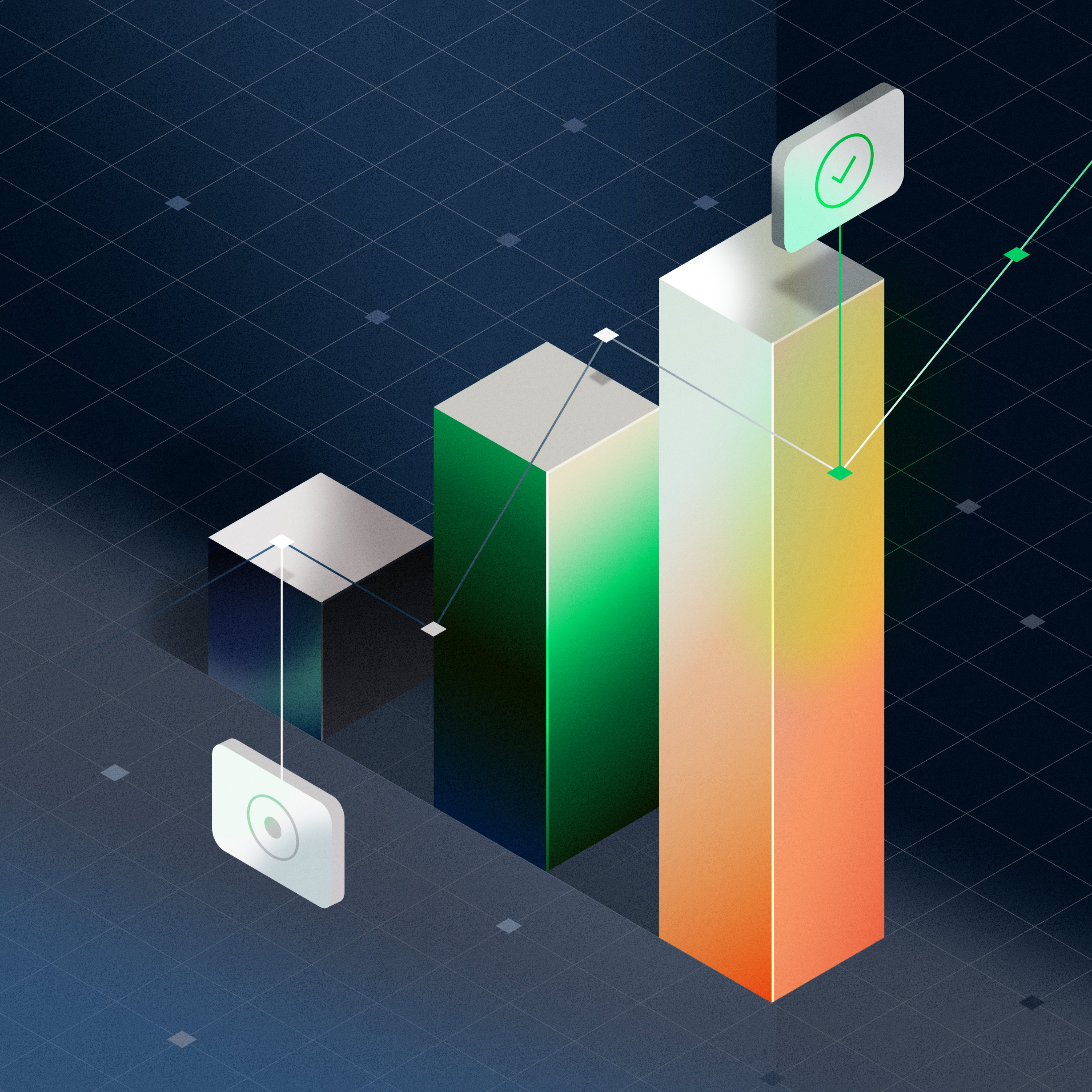 A digital illustration of ascending bars with checkmarks, symbolizing successful payment transactions facilitated by Adyen.