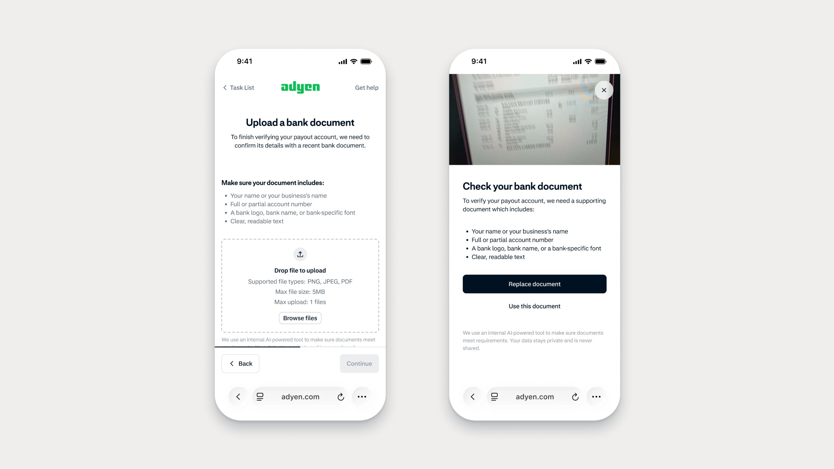 Screenshots of a mobile app for uploading and checking bank documents using Adyen services