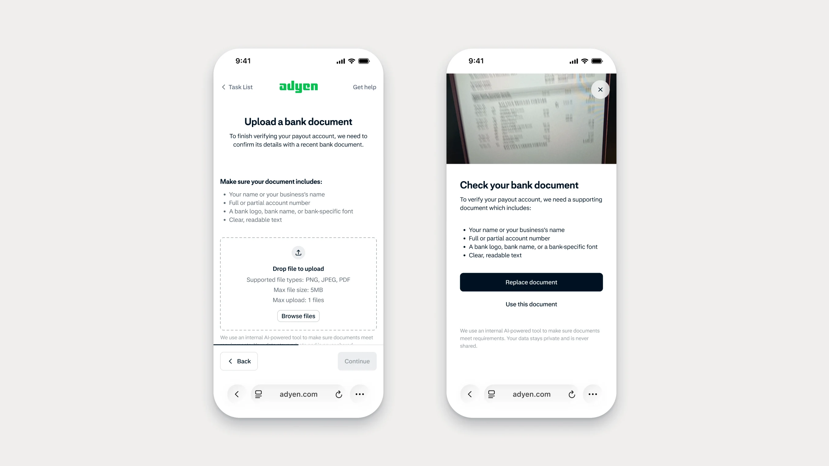 Screenshots of a mobile app for uploading and checking bank documents using Adyen services