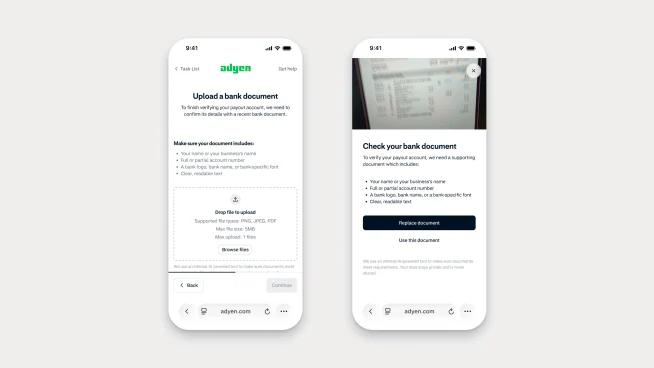 Screenshots of a mobile app for uploading and checking bank documents using Adyen services