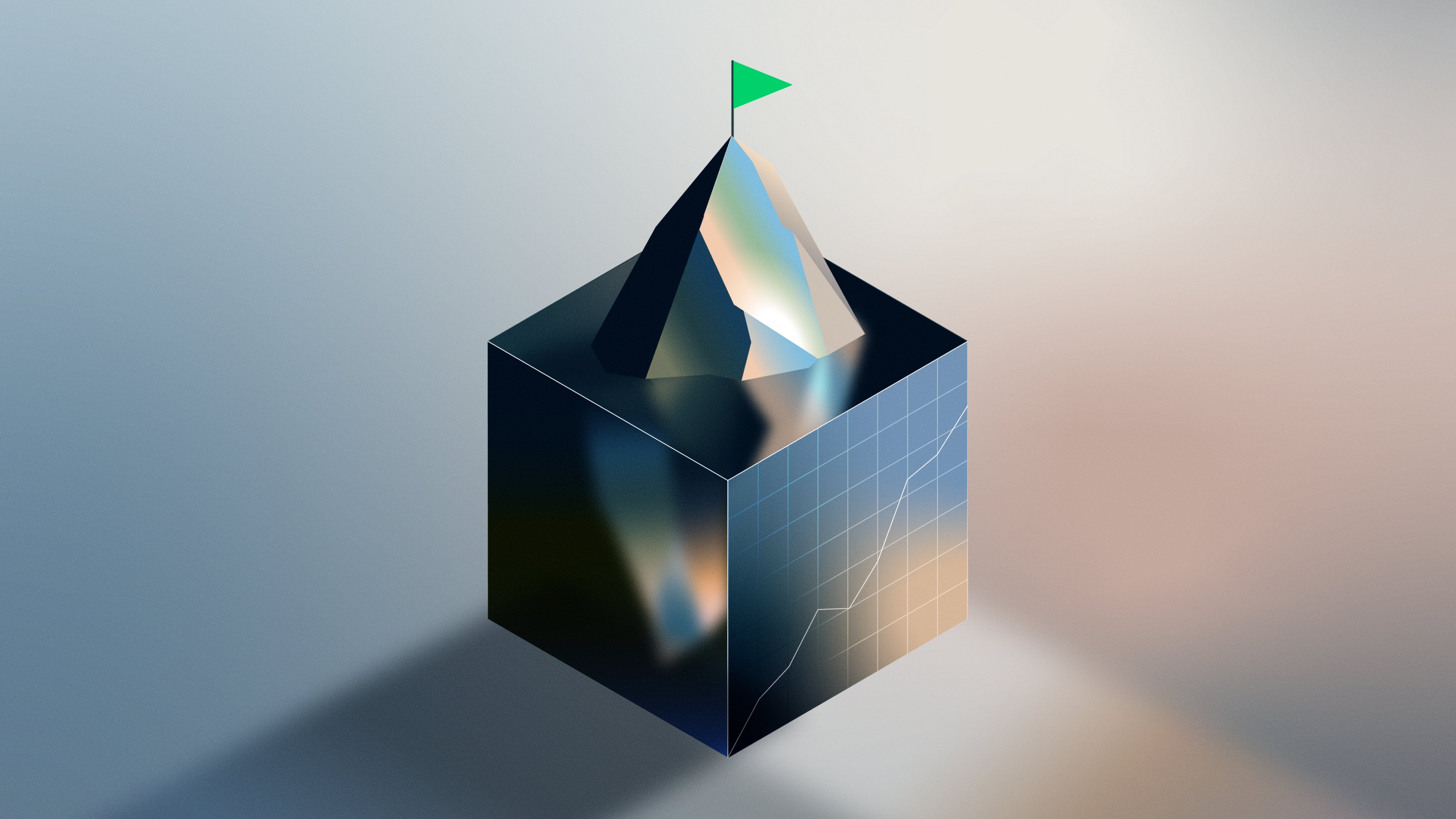 Illustration of an iceberg sticking out of a cube showing a graph that is growing