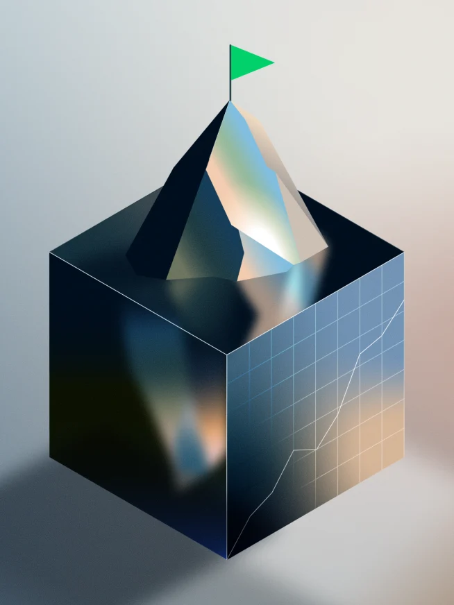 Illustration of an iceberg sticking out of a cube showing a graph that is growing