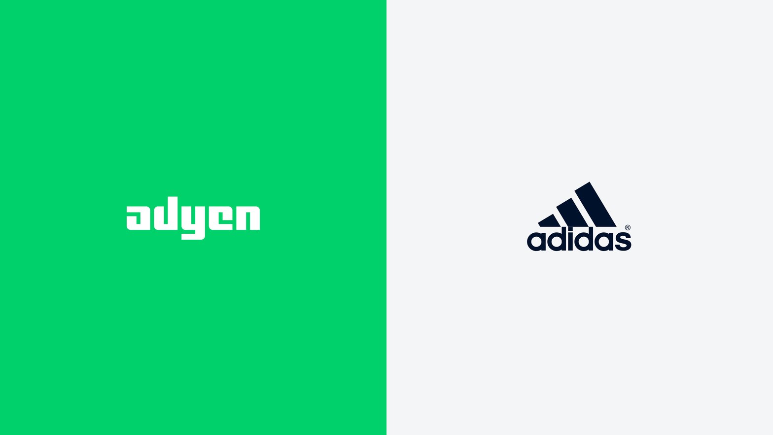 Adyen logo on green background next to Adidas logo on white background, business branding