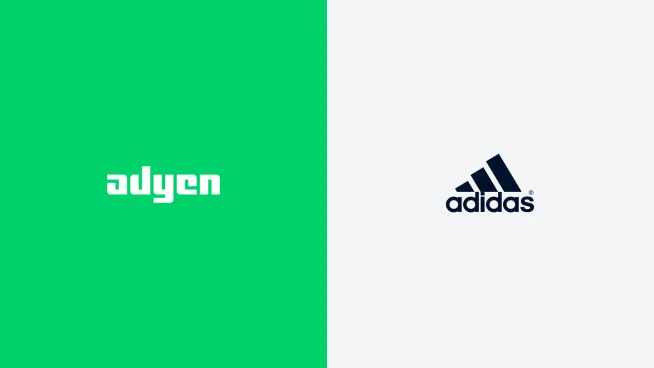 Adyen logo on green background next to Adidas logo on white background, business branding