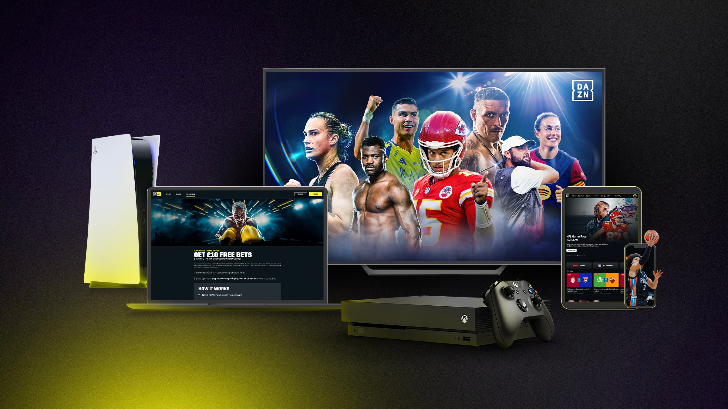 Multiple devices showcasing DAZN application offering focused on sports broadcasting.