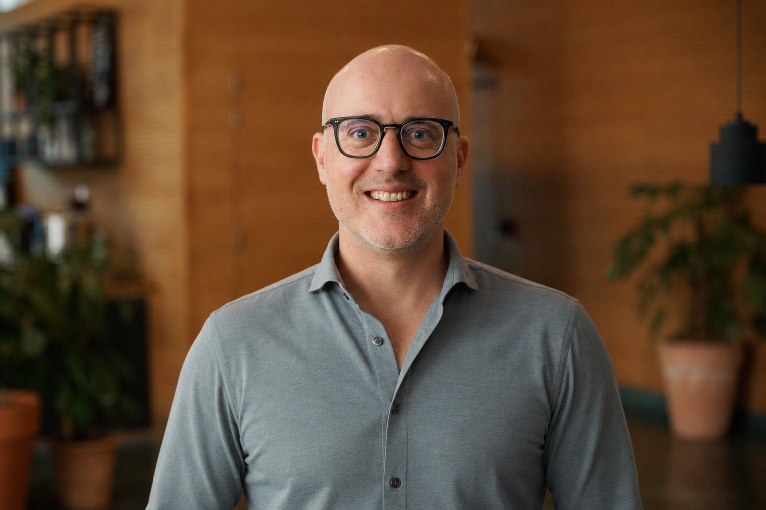 Dipendente Adyen sorridente in ufficio, con parete in legno e piante sullo sfondo.
