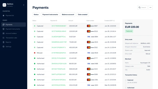 Pannello di pagamento Adyen che mostra vari stati di transazione con carta come catturato, rifiutato e autorizzato