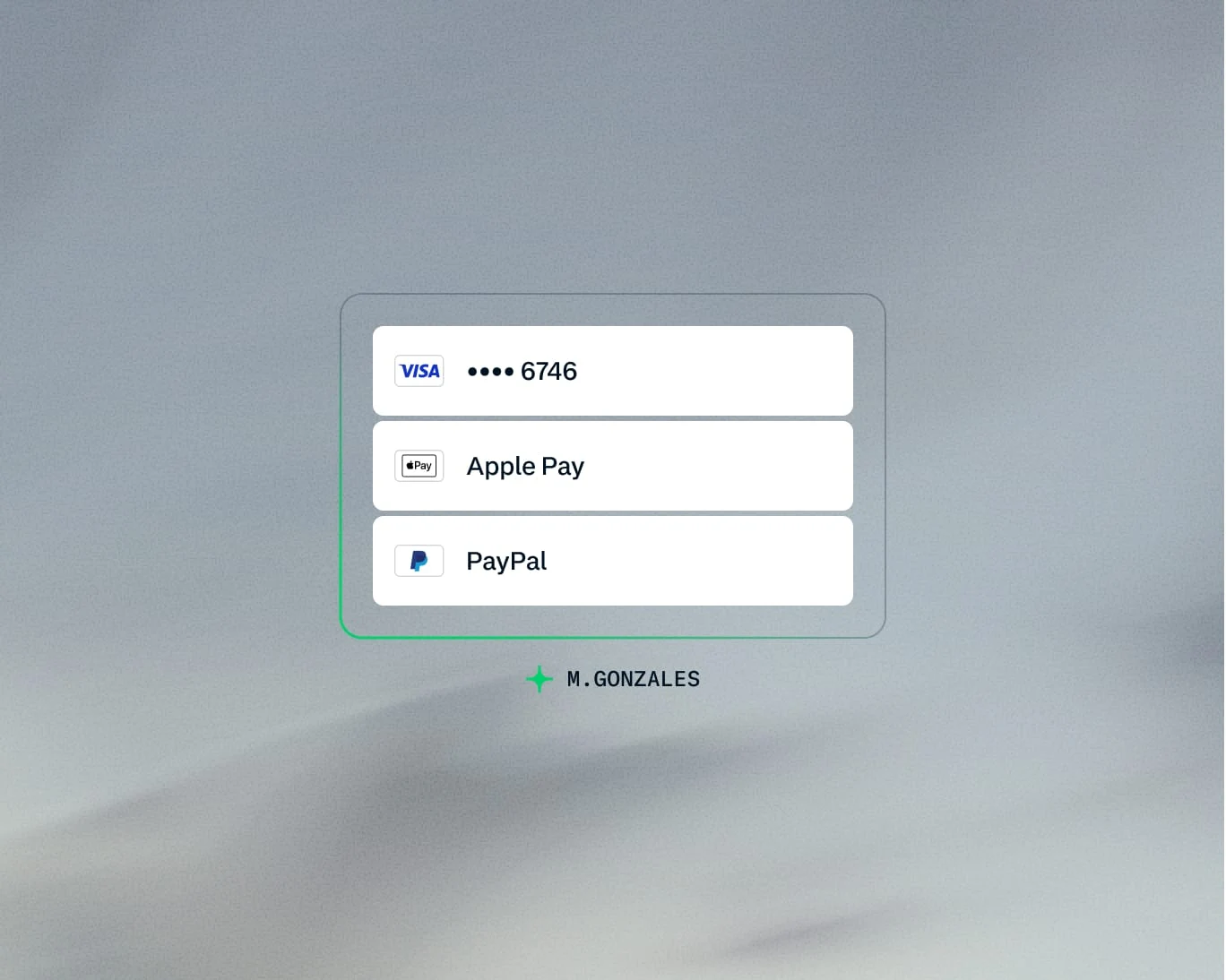 An interface displaying payment options including Apple Pay, PayPal, and a Visa card, with a contact name at the bottom.
