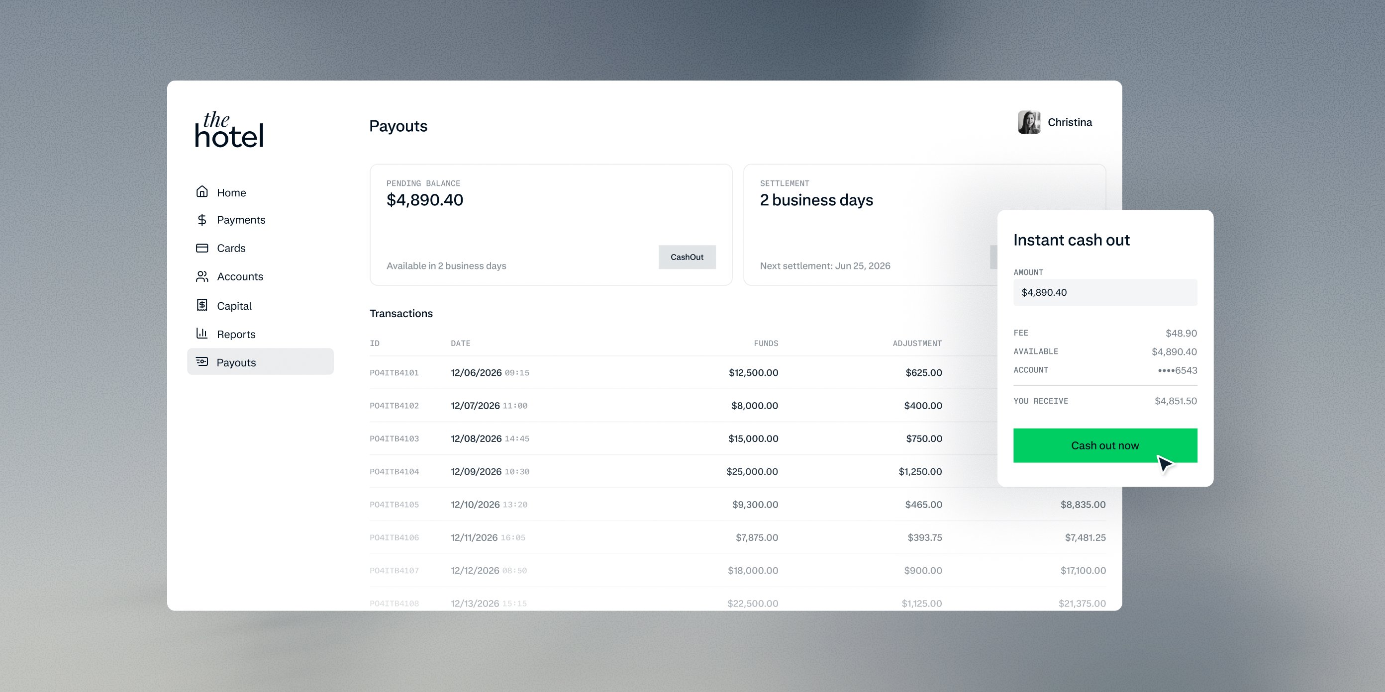 A Payouts page for a fictional hotel showing a pending balance of $4,890.40