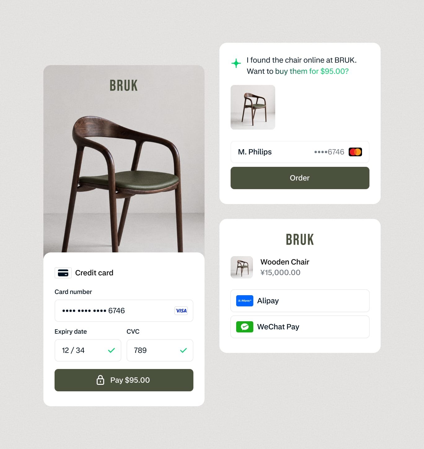 A digital payment interface showing a credit card payment of $24.50 provided by Adyen.