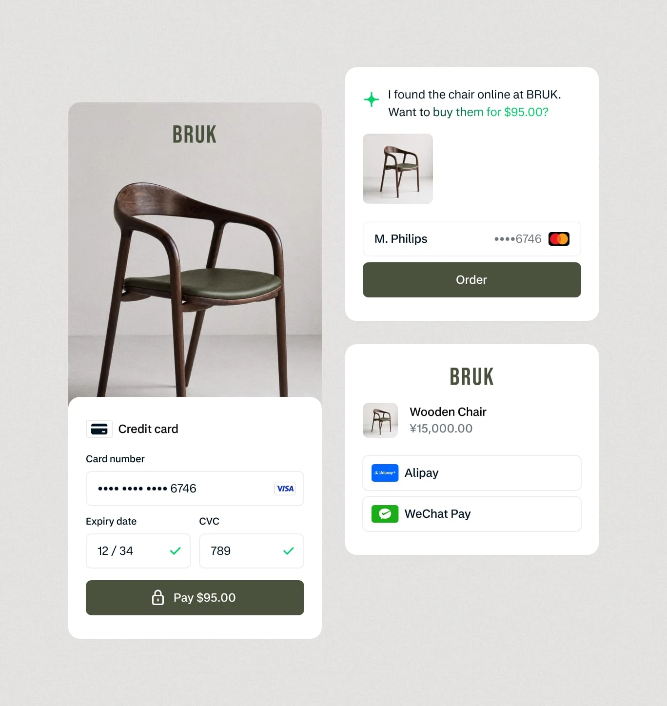 A digital payment interface showing a credit card payment of $24.50 provided by Adyen.