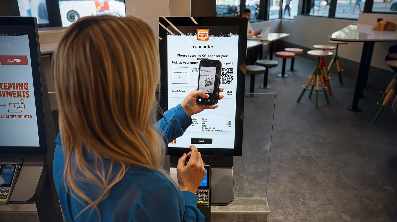A customer uses a smartphone to make a payment at an Adyen point-of-sale terminal in a retail setting.