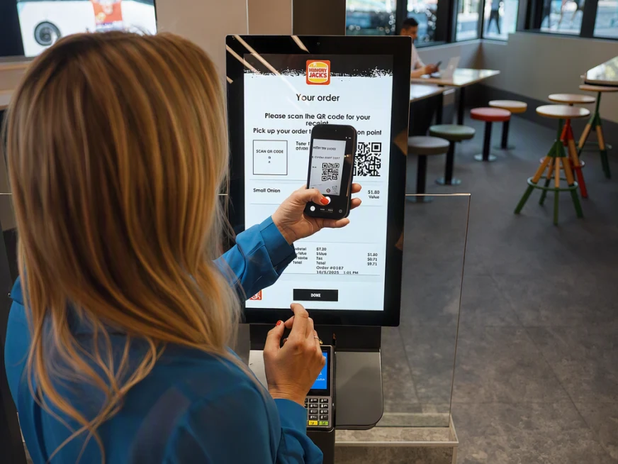 A customer uses a smartphone to make a payment at an Adyen point-of-sale terminal in a retail setting.