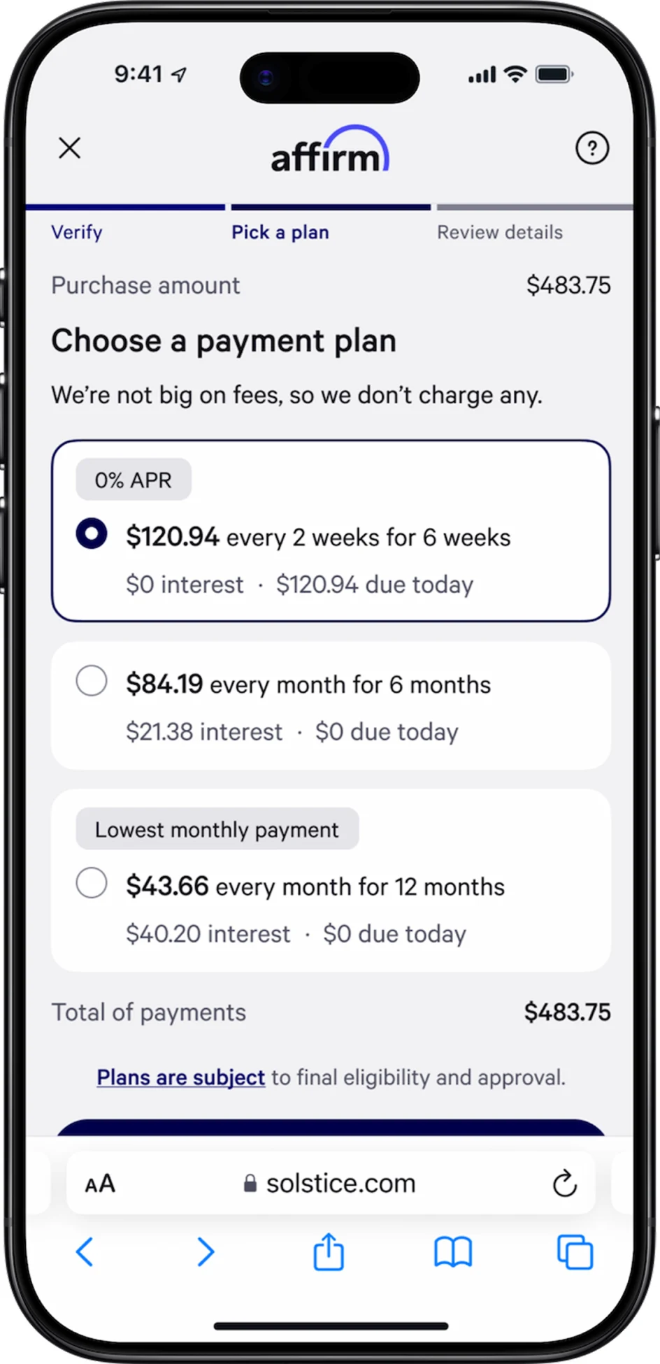 Mobile device screen showing a payment plan selection on the Affirm app for a purchase of 483.75.