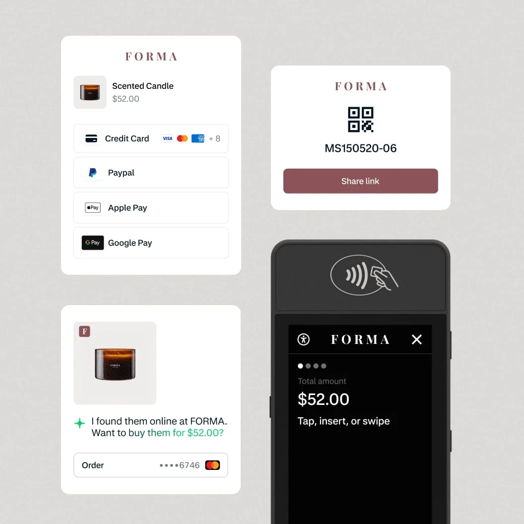 A business owner using an Adyen terminal to make a payment with a contactless card and digital payment options displayed.