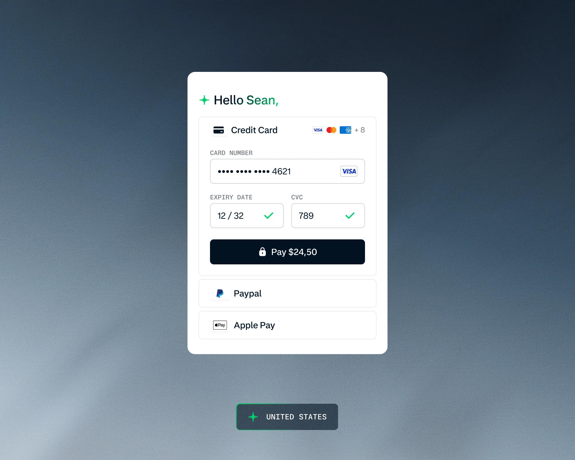 Digital payment interface showing card, PayPal, and Apple Pay options on an Adyen platform.