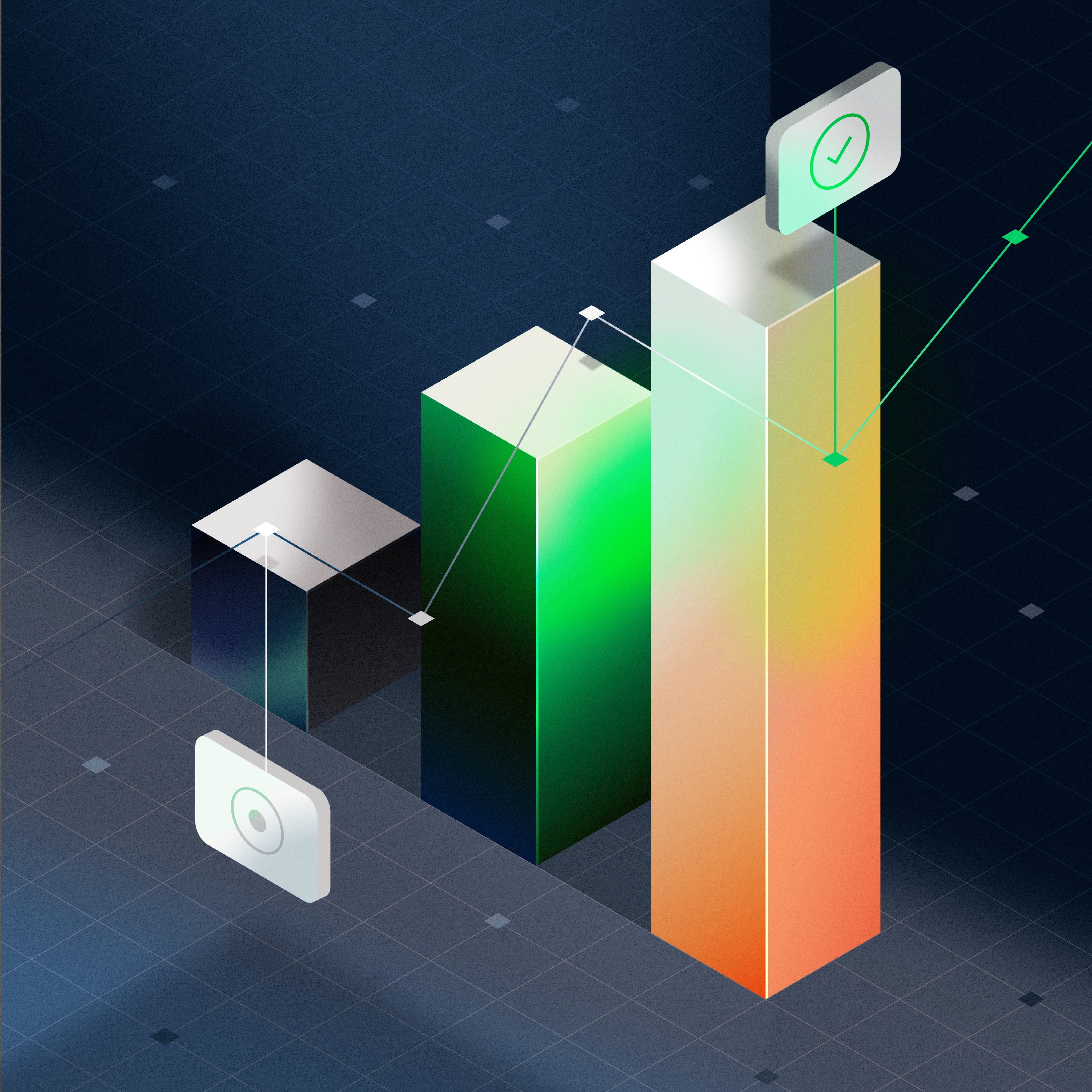 A digital illustration of ascending bars with checkmarks, symbolizing successful payment transactions facilitated by Adyen.