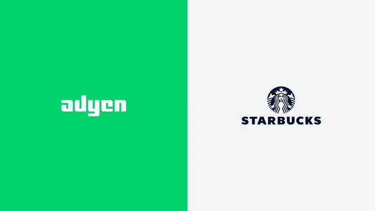 Adyen and Starbucks logos displayed, representing payment solutions partnership.