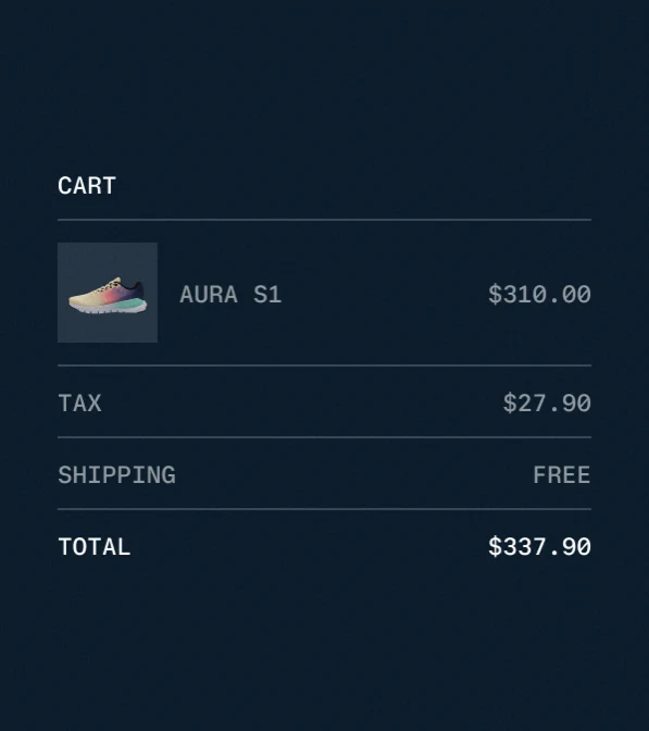 Receipt showing a purchase of a pair of sneakers totaling 337.90 dollars, paid via Adyen.