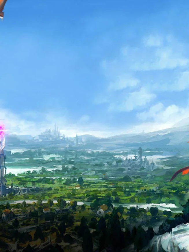 Fantasy landscape with a dragon in the sky and an armored knight overlooking a valley.