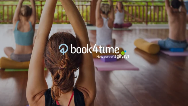 People practising yoga with a Book4Time logo layered on top