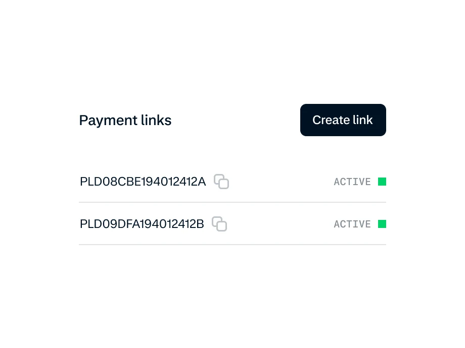 Screenshot of a payment management page showing two active payment links generated by Adyen.