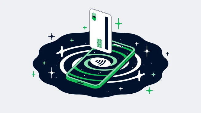 Smartphone com tecnologia NFC simbolizando pagamento sem contato em um fundo cósmico.