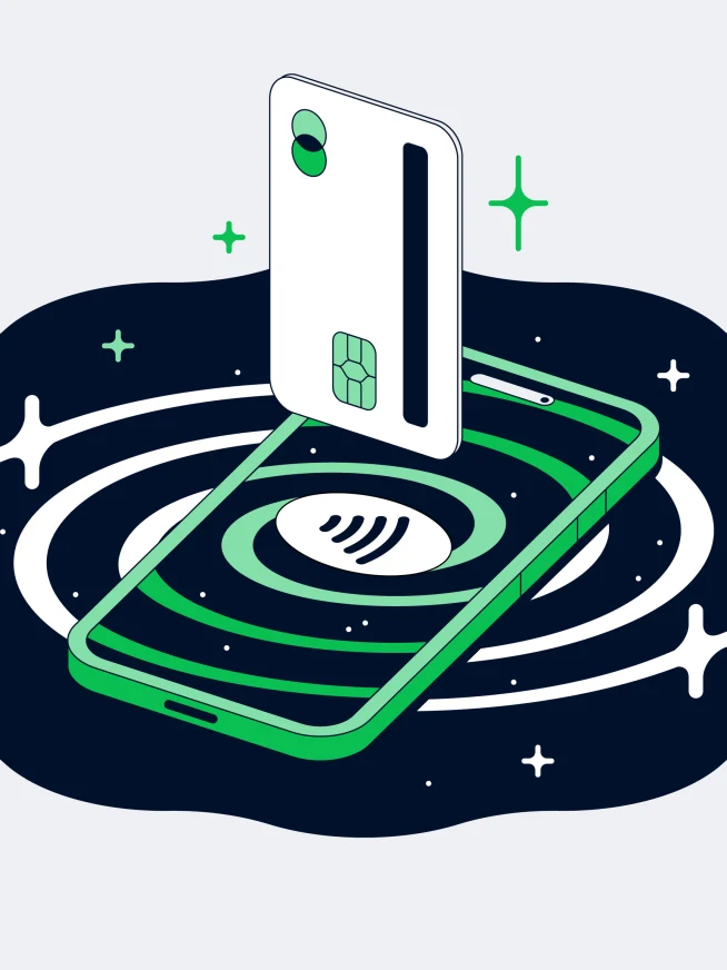 Smartphone with NFC technology symbolizing contactless payment on a cosmic background.