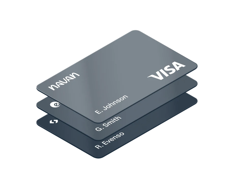 Stack of four credit cards with a Visa card on top, and names visible: Naven, E. Johnson, G. Smith, R. Evenso.