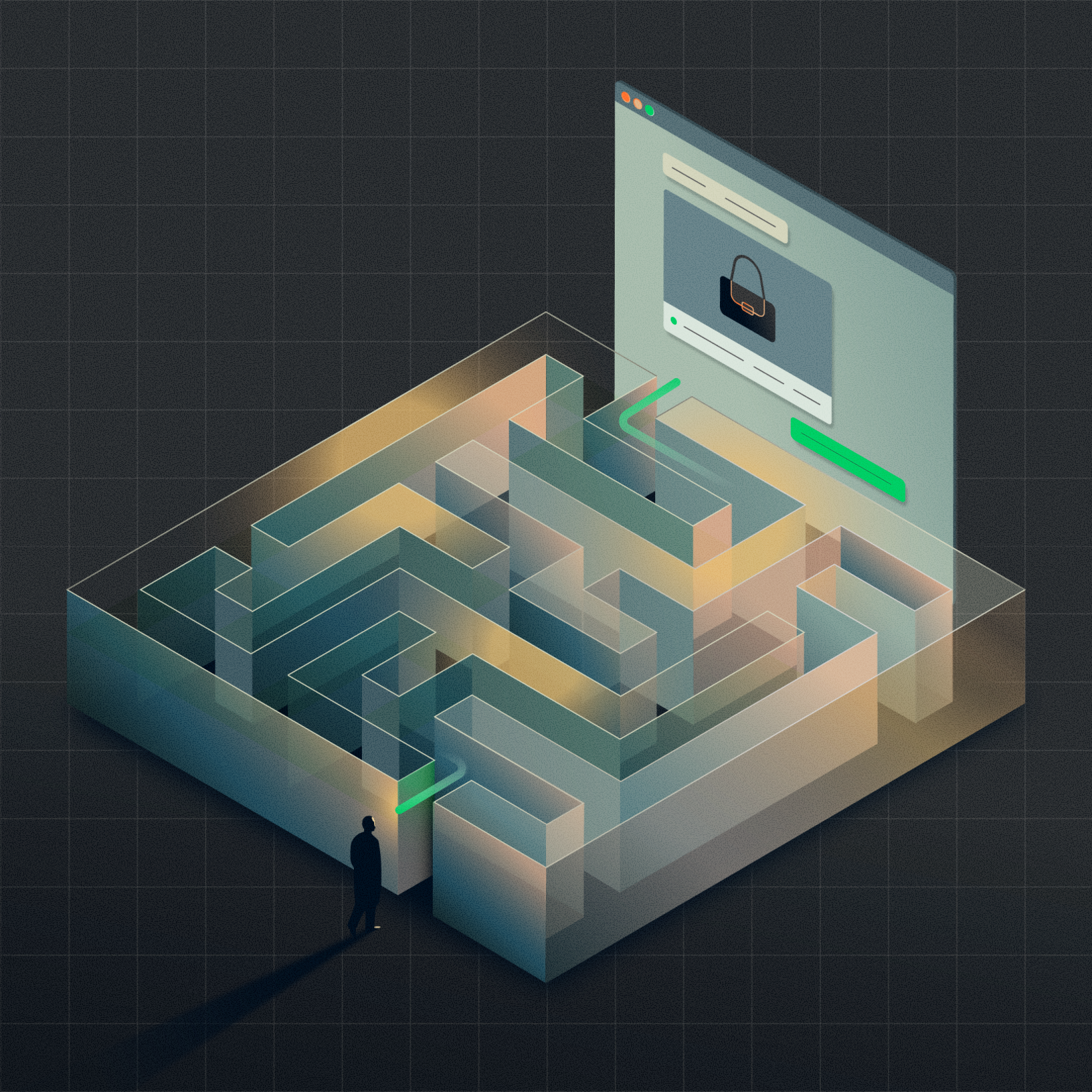 A digital maze representing online payment processing with a browsing window showing a shopping bag from Adyen.