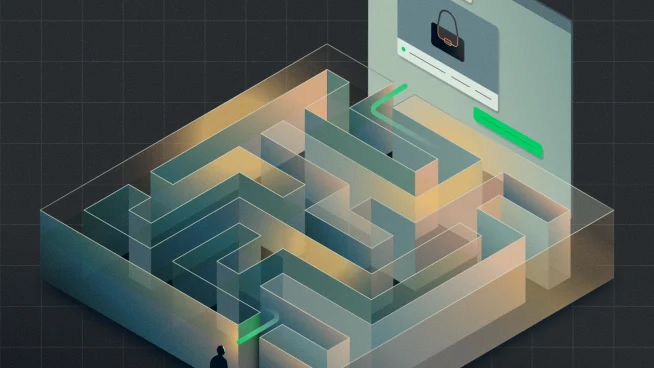 A digital maze representing online payment processing with a browsing window showing a shopping bag from Adyen.