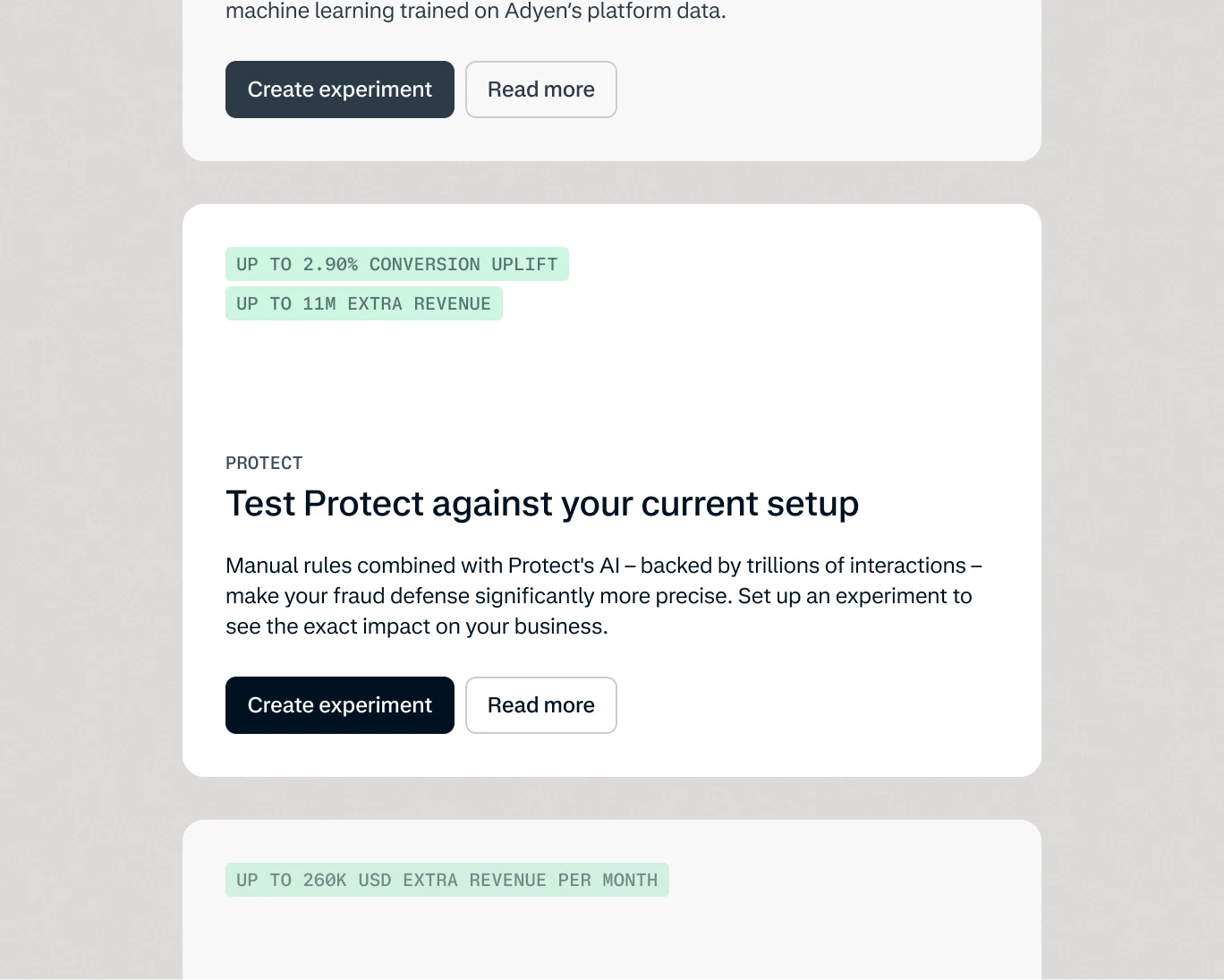 Screenshot of a business dashboard showing experiment results and revenue boost metrics with Adyen branding.