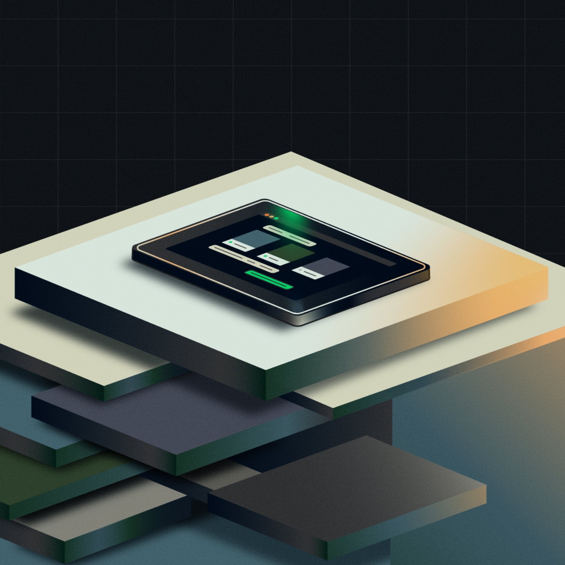 Digital payment terminal display on stacked layers, showcasing advanced transaction technology