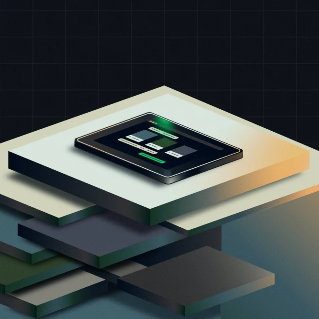 Digital payment terminal display on stacked layers, showcasing advanced transaction technology