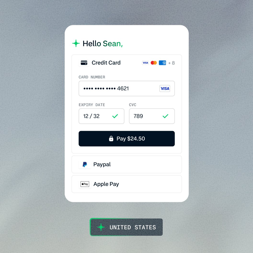 Digital payment interface showing a card payment process with options for PayPal and Apple Pay.