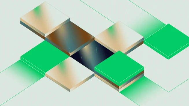 Abstract digital illustration of interconnected blocks representing payment technology by Adyen