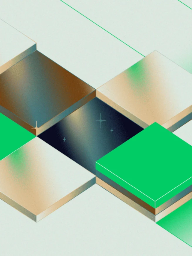 Abstract digital illustration of interconnected blocks representing payment technology by Adyen