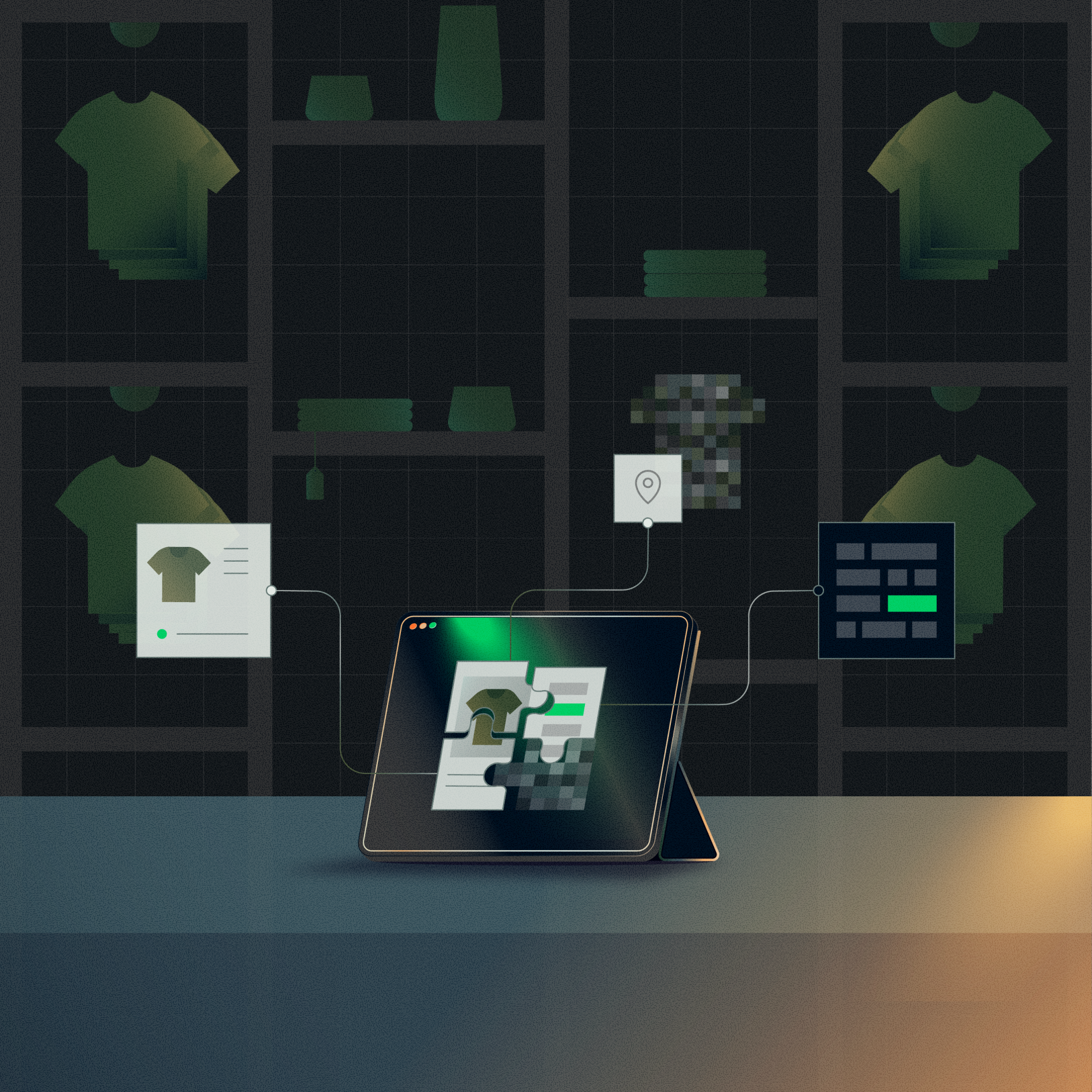 Digital interface showing payment processing connected to clothing inventory in a retail store.
