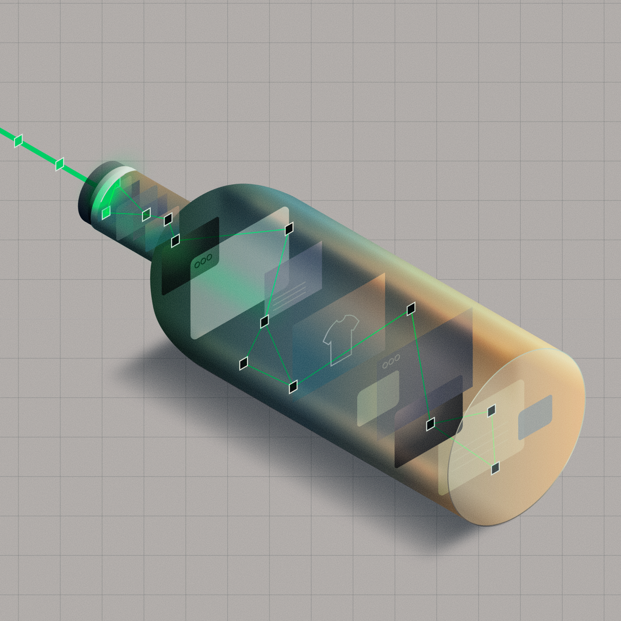 Digital illustration showing a bottle with technical screens in it created for Agentic Commerce - eliminating the integration bottleneck