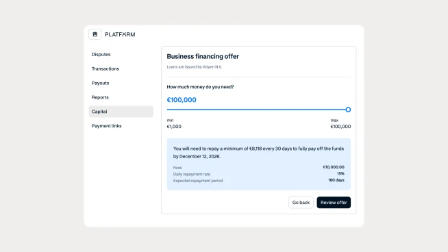 Business financing offer screen displaying a loan amount of 100,000 with repayment details