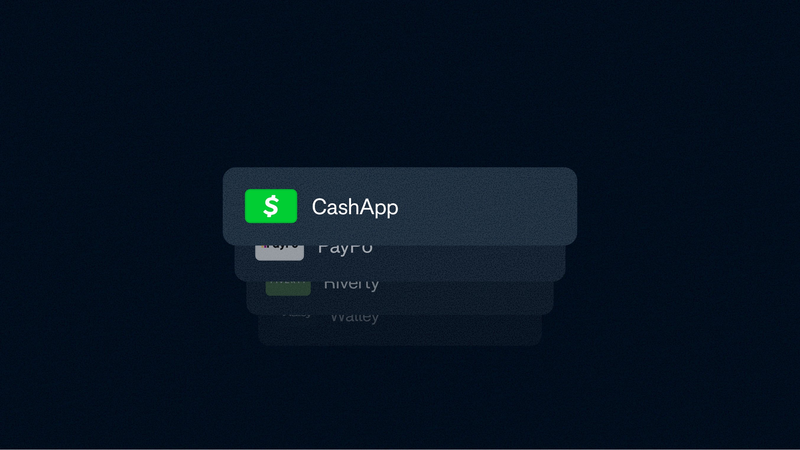 A digital payment screen showing options for CashApp, PayPal, and Wallet transactions.