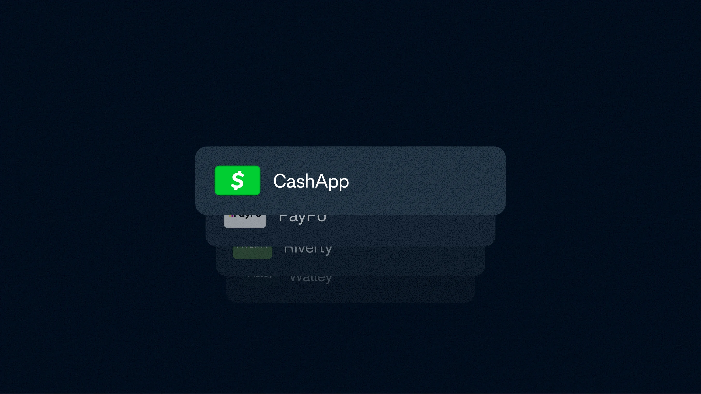 A digital payment screen showing options for CashApp, PayPal, and Wallet transactions.