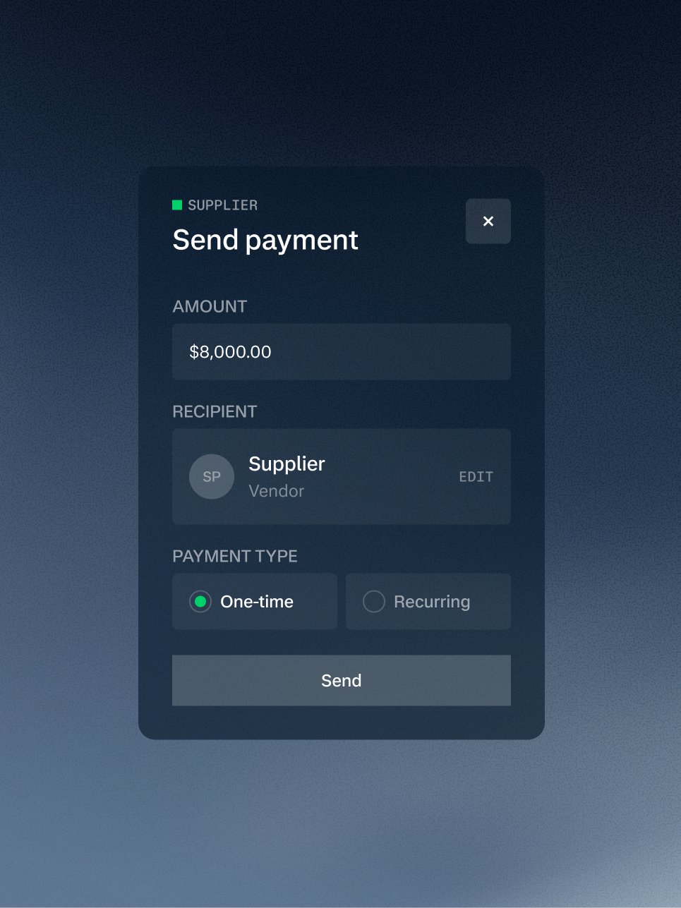 Digital payment interface showing a one-time transfer of 8000 dollars to a supplier.