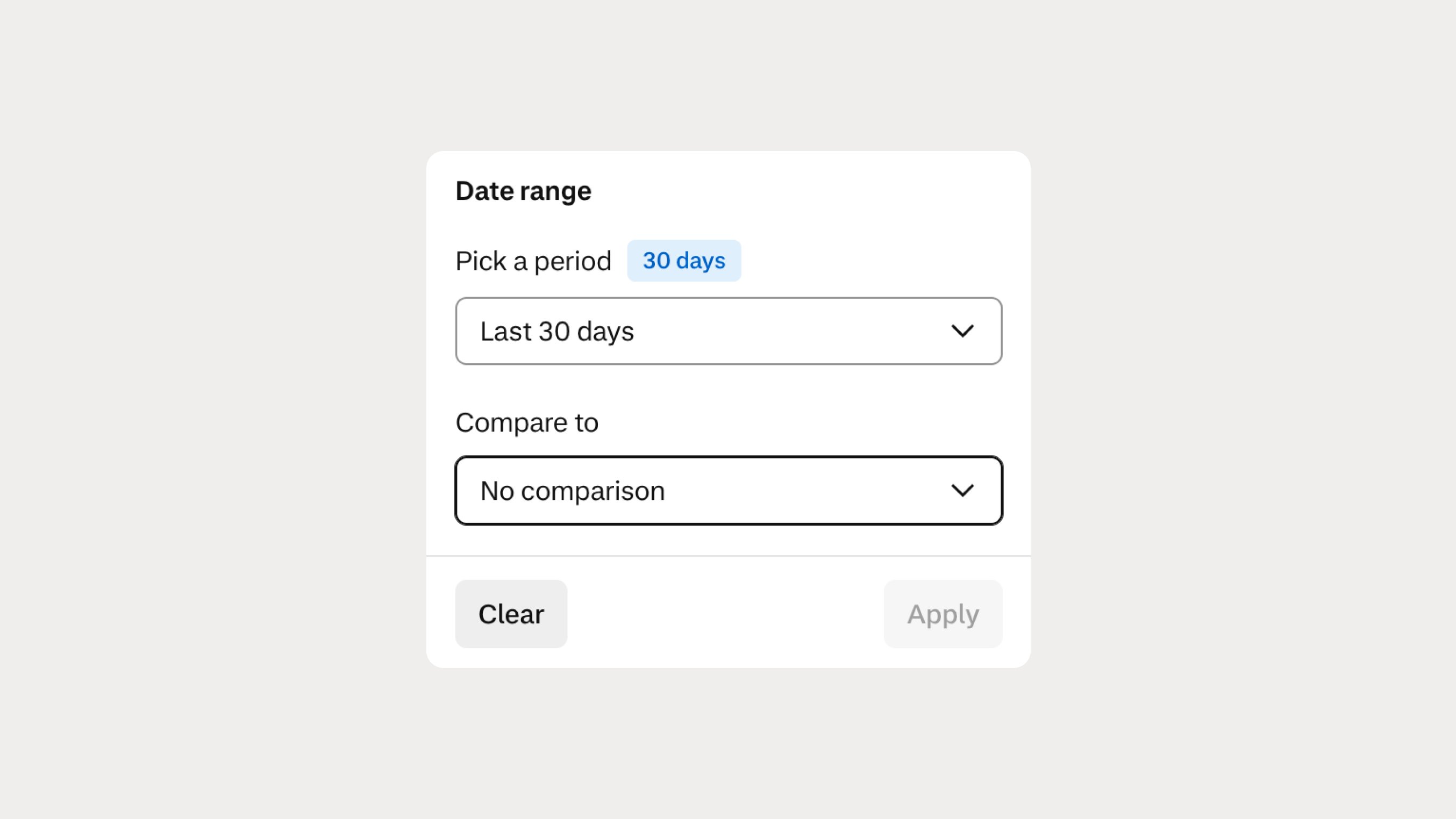 Screenshot of a date range selection interface for filtering data, with options to pick a period and compare settings.