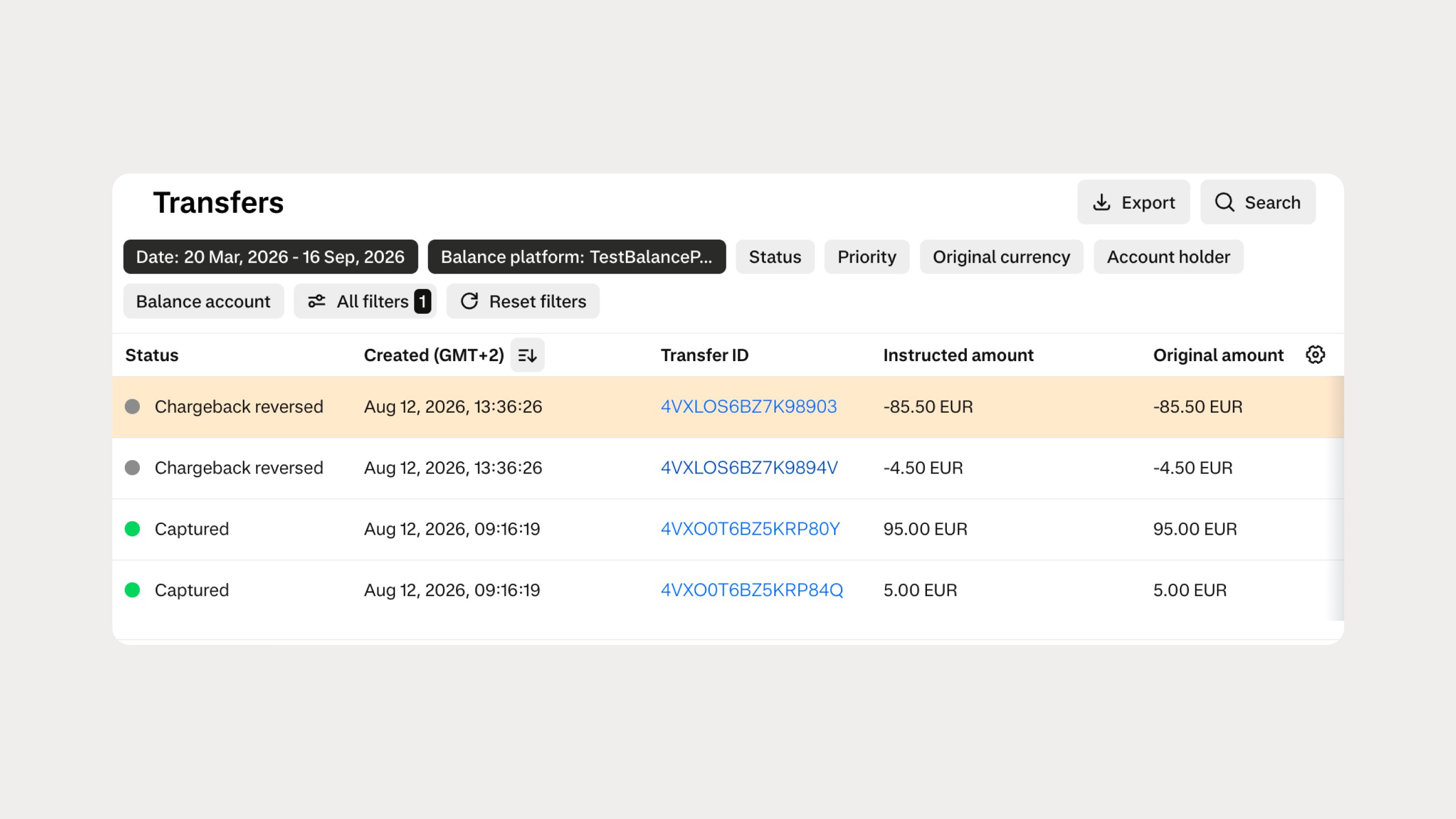 Table showing transfer details including dates, status, amounts, and transaction IDs.