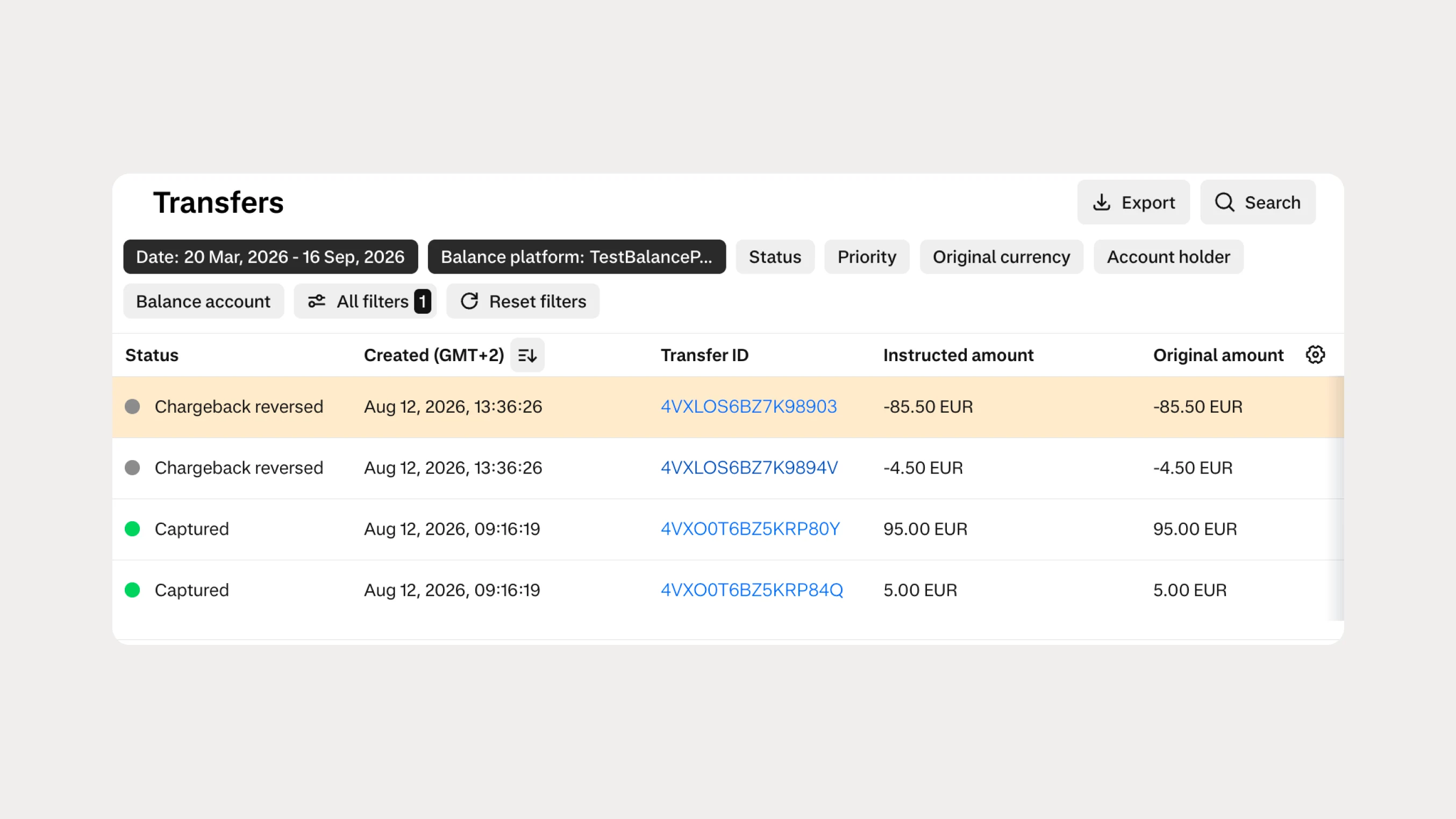 Table showing transfer details including dates, status, amounts, and transaction IDs.