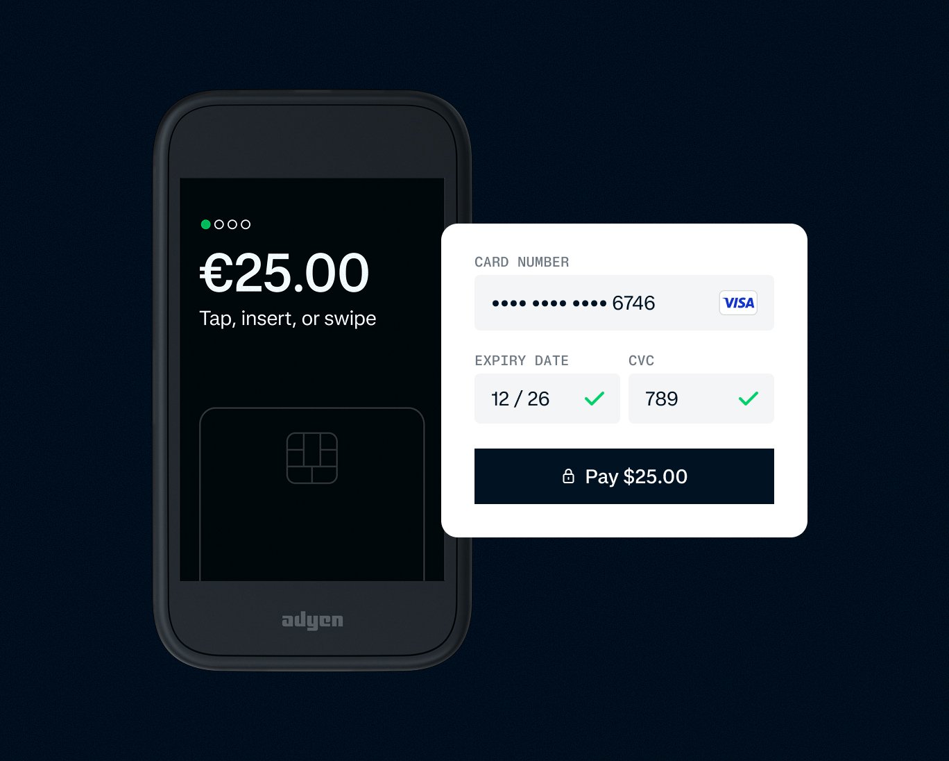 Mobile payment terminal showing a €25 transaction with Visa card details displayed.
